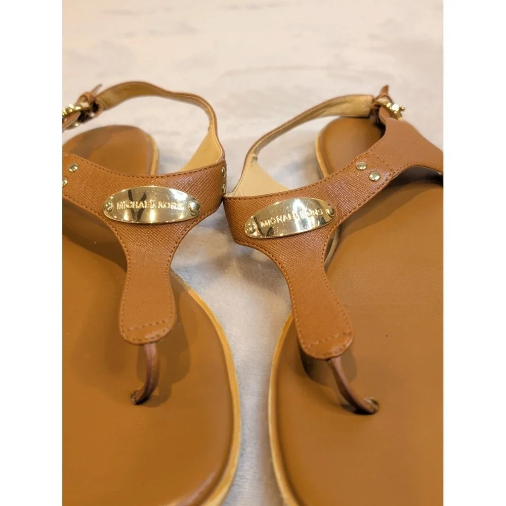 Michael Kors Leather‎ T-Strap Thong Sandals | 7M Cognac Brown Gold